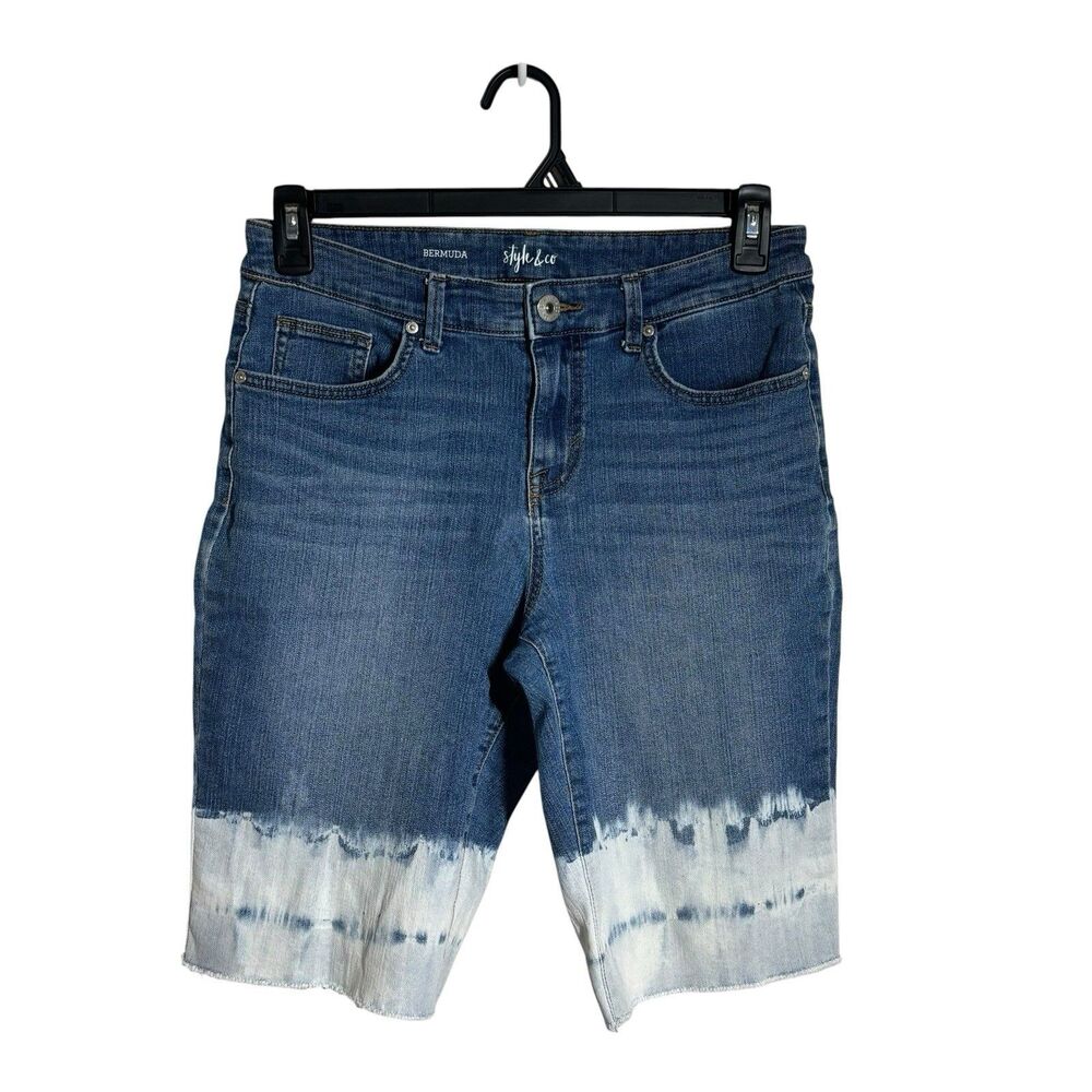 Style & Co Med Wash Frayed Hem Dip-Dyed Denim Bermuda Shorts 8 Y2K Grunge Indie